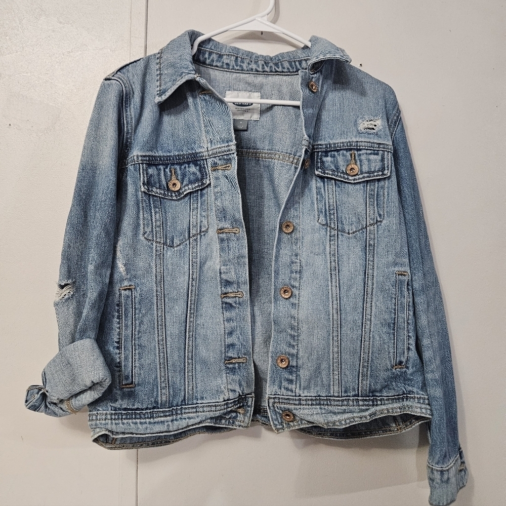 Old Navy Distressed Denim Jacket With Roll Tab Sleeves!